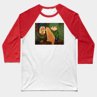 Ginger Cat Looking in Mirror with Blonde Wig Baseball T-Shirt